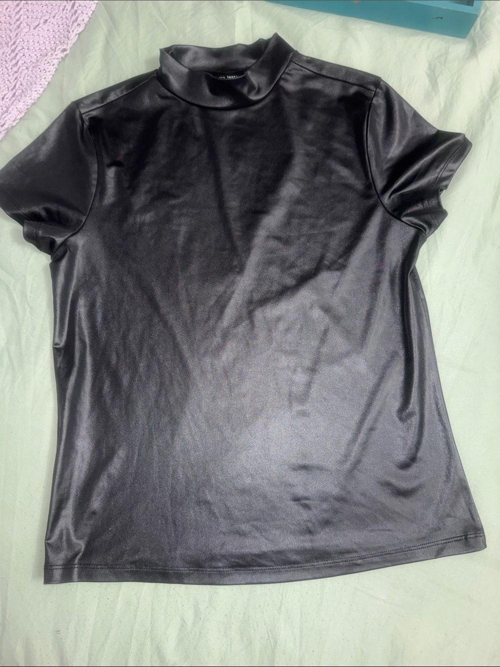 Black Faux Leather Mock Neck Short Sleeve Top